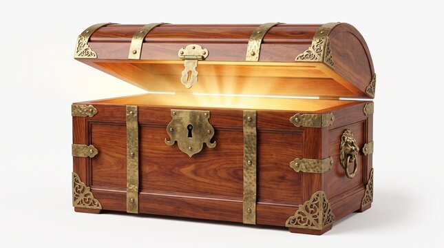 Antique wooden treasure chest glowing with golden light. Vintage pirate loot box filled with riches and mystery.