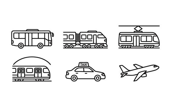 Collection of public and personal transportation methods featuring trains, taxis, airplanes, and buses.