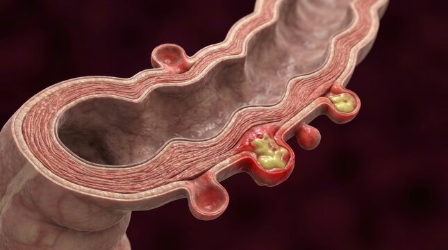 Cross section of colon showing diverticula with inflammation and pus Healthcare Medical Care
