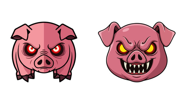 Angry pig face mascot set with glowing eyes and sharp teeth aggressive character expression menacing detailed illustration