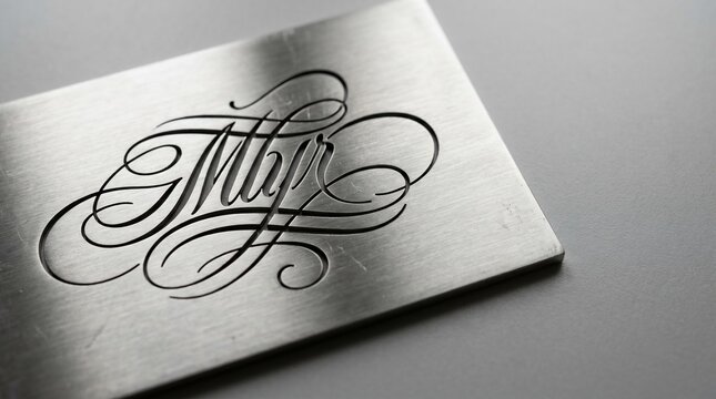 Elegant script lettering etched on metallic surface with soft lighting