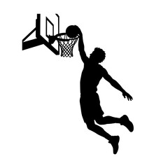 Basketball player performs a powerful slam dunk into the hoop as a black silhouette on a white background. © Creative Studio 