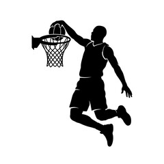 Basketball player silhouette reaches up to dunk a ball into the hoop with great intensity. © Creative Studio 