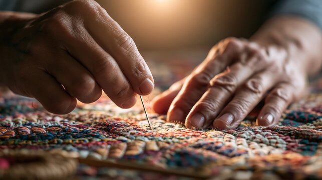 Hands carefully sewing colorful fabric, creating a detailed pattern with a needle. This represents craftsmanship, a hobby, and handmade art