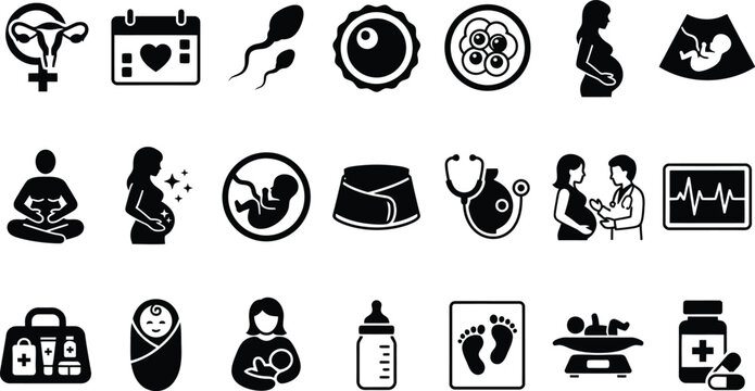 Pregnancy, fertility, prenatal care, fetus development, newborn baby care, and reproductive health black silhouette vector icon set