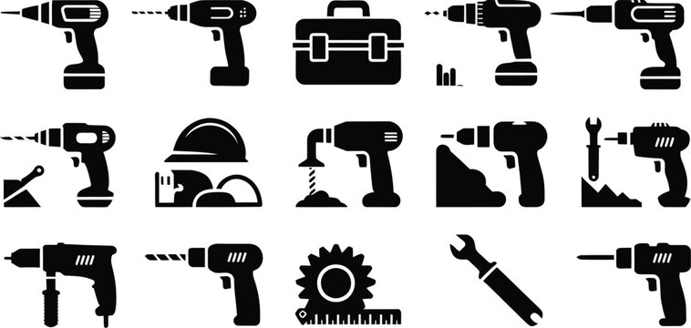 Electric drill icon set with construction tools for home improvement repair and renovation vector illustration