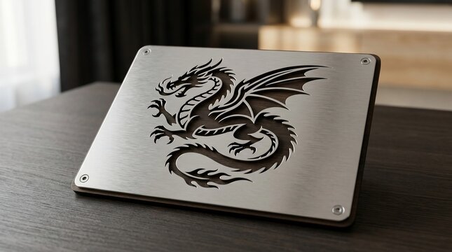 Engraved dragon design on metallic surface plate