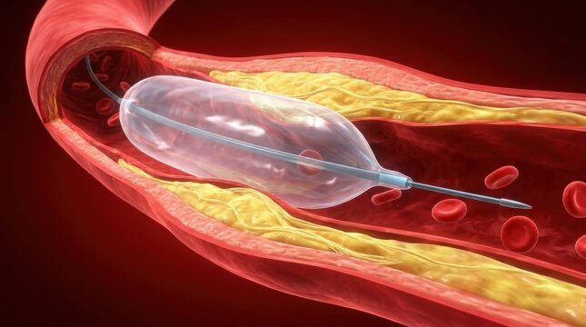 Medical illustration shows angioplasty balloon catheter inflating inside a diseased artery with plaque buildup