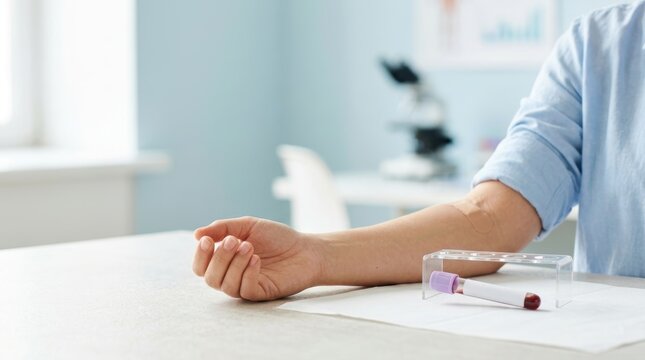 Person's arm with a bandage after a blood draw with a vial in a rack nearby Healthcare
