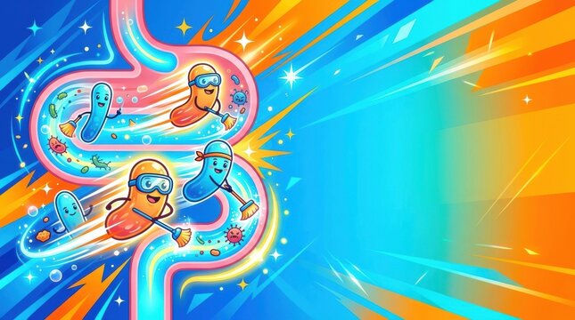 Anthropomorphic characters representing good bacteria cleaning their environment with brooms