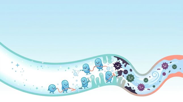 Cute cartoon microbes cleaning away dirty germs and viruses in a flowing channel