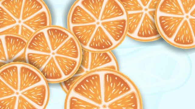 oranges slice rotating filled the screen on blue water background, motion graphic with dynamic appearance and disappearance loop. Hand drawn oranges slice fruit and light blue background for summer