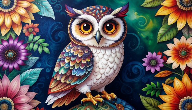 Colorful Cartoon Owl Batik Pattern with Floral and Leaf Ornament
