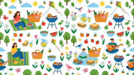 Fototapeta premium Summer Picnic Pattern: People Enjoying BBQ, Food, and Nature on White Background