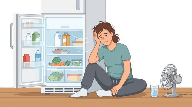 Woman suffering from heatwave during Southern Hemisphere summer, seeking relief from open refrigerator and fan summer vibes
