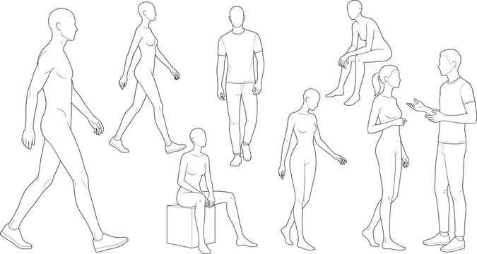 Outline Vector Collection Of Male And Female Human Figures In Various Walking Standing And Sitting Poses