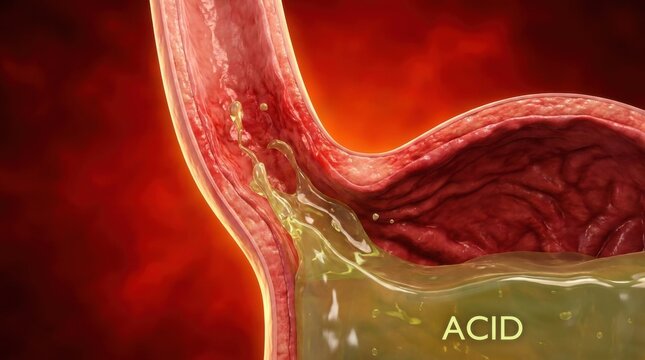 Close up view of stomach acid splashing inside a cross section of the human stomach