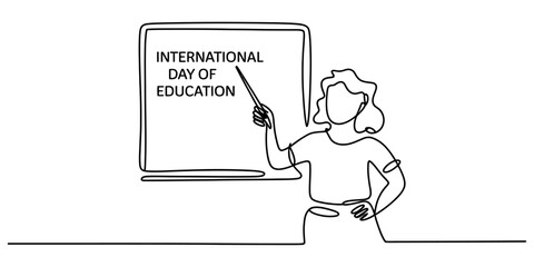 Continuous single line drawing of a female teacher pointing at a blackboard with international day of education text for school classroom concept Vector, illustration © Single Outline 