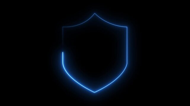 Shield icon security neon glowing blue animation on a black background. 4k animation motion graphics video