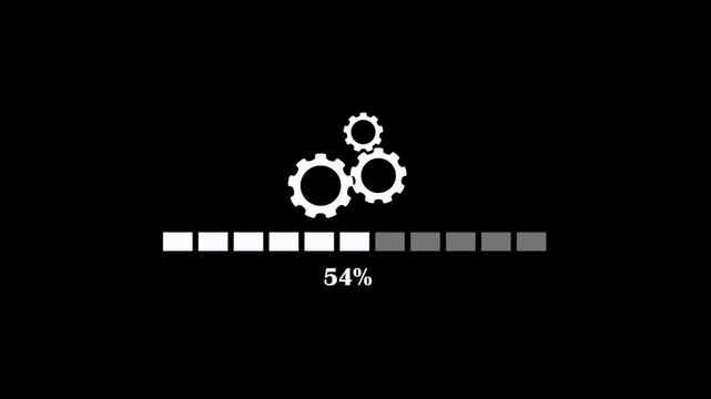 Settings progress indicator with rotating gear icon animation on black background. Loading bar animation with settings icon. Updating bar with gear icon animation indicating system operation process