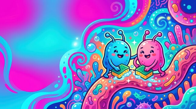 Two cartoon aliens with sponges are happily cleaning in a colorful bubbly psychedelic environment