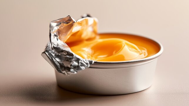 Opened snack cup revealing smooth orange pudding, enjoying a creamy single serving dessert or sweet treat concept