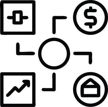Black and white line art vector diagram of central network connecting settings node, dollar finance, growth chart, and house real estate symbols.