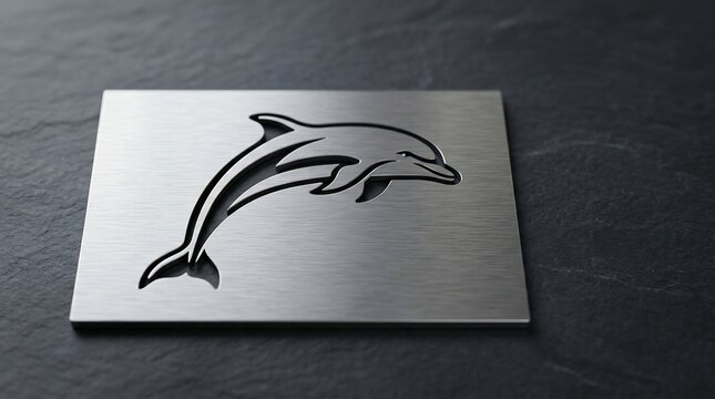Metal plate with etched jumping dolphin emblem