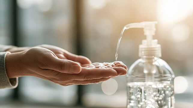 Person applying transparent sanitizer gel onto hand, prioritizing hygiene and personal protection from germs