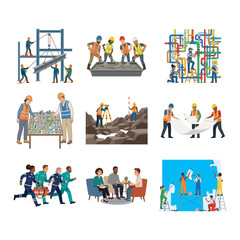 Fototapeta premium Vector illustrations of construction workers, engineers, and industrial teams on the job site