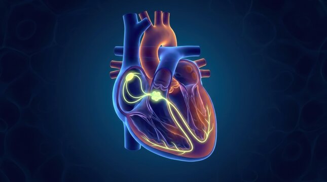 Anatomical illustration of the human heart with glowing electrical pathways of the cardiac conduction system