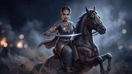Fototapeta premium Rani Lakshmibai on Horseback – Legendary Indian Warrior Queen Illustration