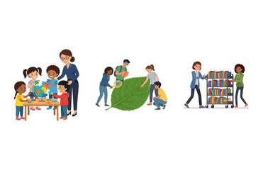 Fototapeta premium Vector illustrations of school life with children learning, exploring nature, and reading books