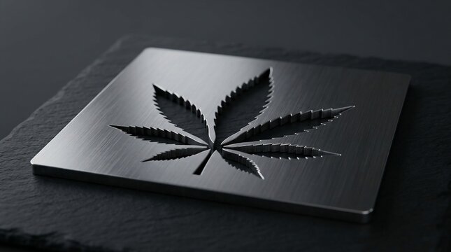 Metallic cannabis leaf emblem on textured dark surface