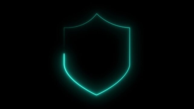 Shield icon security neon glowing mint green animation on a black background. 4k animation motion graphics video
