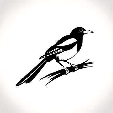 Black and white magpie bird perched on a small tree branch isolated on white background