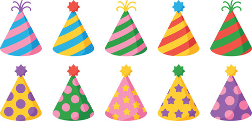 Obraz premium Birthday party hat icon set with festive cone hats and cute decorative celebration elements vector illustration