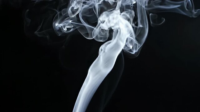 Single intricate white smoke curl on black background.