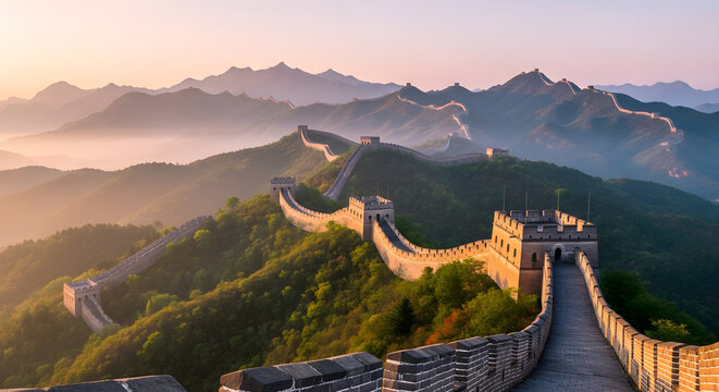 Sunrise over the Ancient Great Wall Winding Through Misty Chinese Mountains