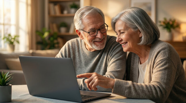 A smiling senior couple interacting on a laptop computer at home with focus on environment faces.