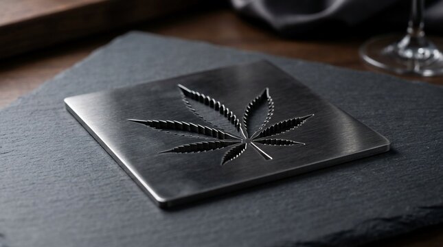 Silver metal square coaster with cannabis leaf embossing