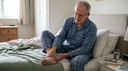 Fototapeta premium Senior man in pajamas holding his painful ankle while sitting alone on a bed in a bright bedroom at home