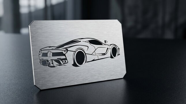 Sleek sports car outline etched on brushed metal surface with copy space