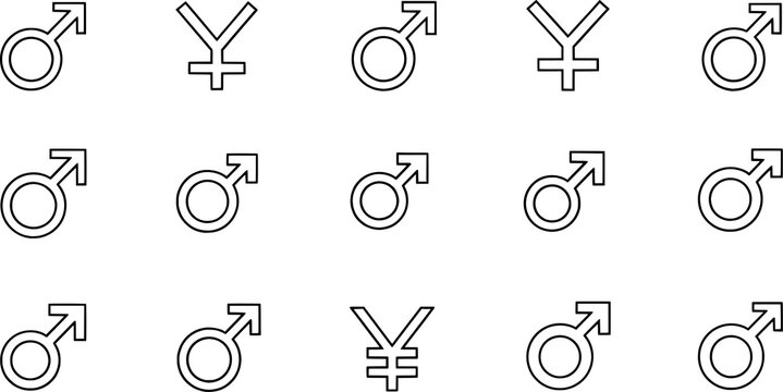 Pattern recognition puzzle grid, male gender symbol, yen currency symbol differences, visual challenge, brain teaser, minimalist black white design