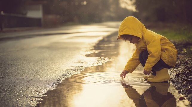 Child playing in puddle on rainy street, wearing yellow raincoat and boots, exploring joy and innocence