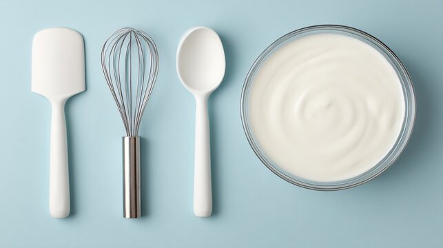 crepe-making tools layout spreader, spatula, mixing bowl, whisk, artistic culinary flat lay, minimalist kitchen background