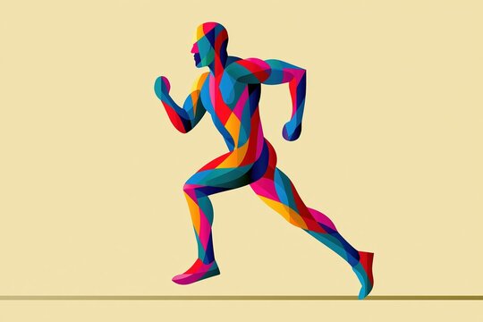 Minimal abstract athlete figure running constructed from layered geometric planes