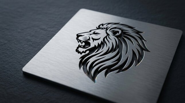 Stylized lion head emblem on brushed metal surface