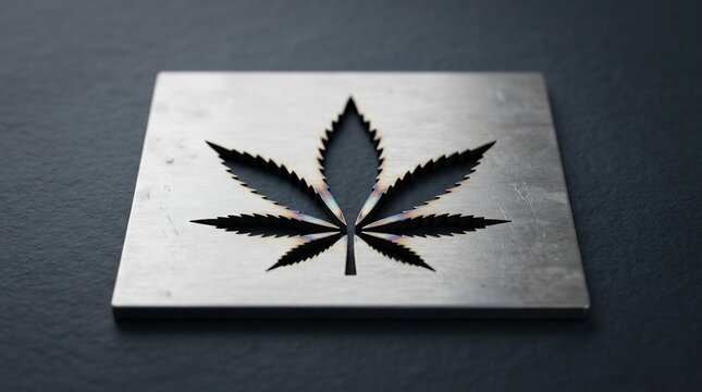 Symbolic cannabis leaf cutout on textured metallic surface