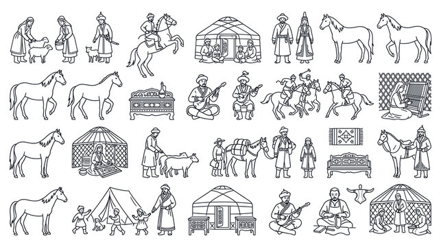 Nomadic kazakh culture elements collection of line art vector set.
